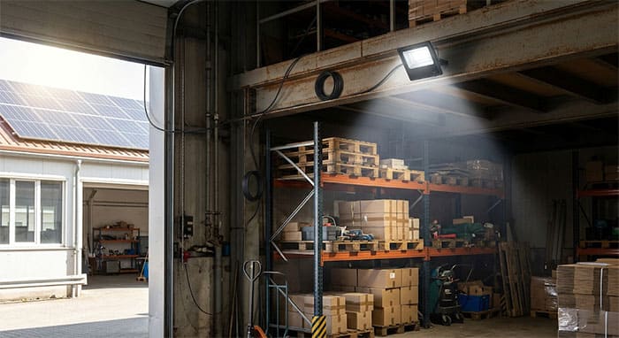 Ứng dụng kéo dây dài 5m đưa đèn pha năng lượng mặt trời thắp sáng bên trong nhà kho