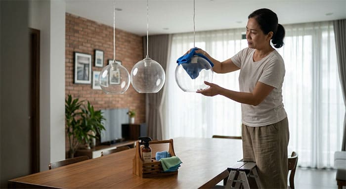 Vệ sinh đèn thả thủy tinh bằng khăn mềm