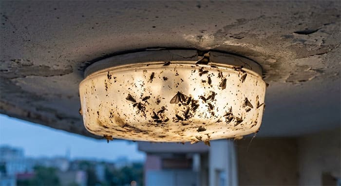 Xác côn trùng làm đen chao đèn ốp trần ban công