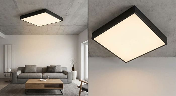 Cấu tạo chi tiết mặt mica phẳng và khung viền nhôm sơn tĩnh điện đen nhám của đèn mâm vuông