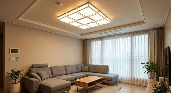 Đèn mâm LED vuông kết hợp hoàn hảo với sofa góc chữ L tạo sự cộng hưởng hình khối
