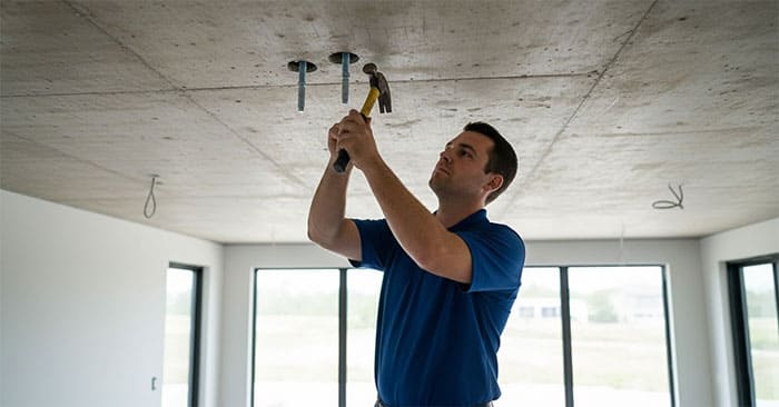 Kỹ thuật viên đóng nở đạn vào trần bê tông để treo ty ren