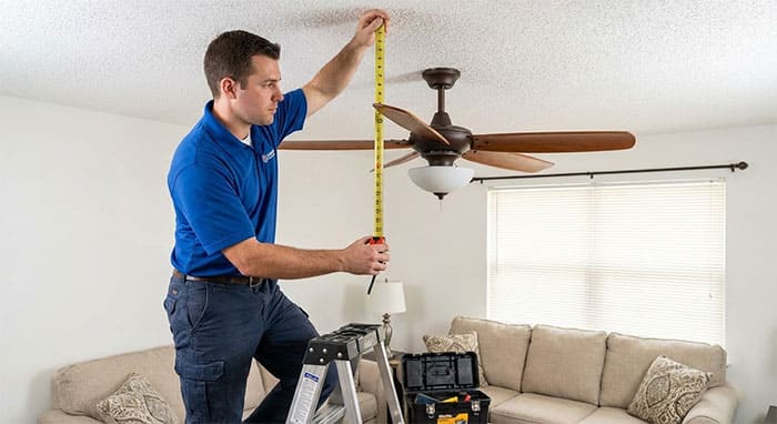 Kỹ thuật viên dùng thước đo khoảng cách từ cánh quạt đến trần để kiểm tra độ vênh