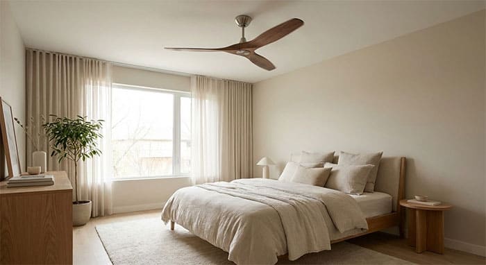 Quạt trần cánh gỗ lắp đặt trong phòng ngủ mang lại không gian yên tĩnh