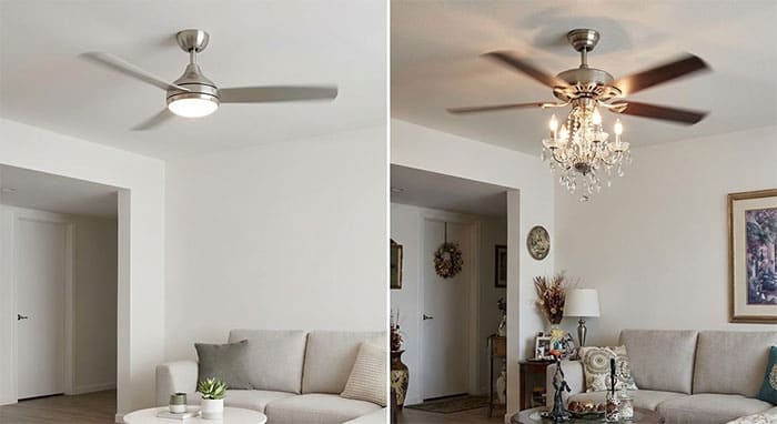 So sánh sự gọn gàng của quạt đèn LED liền khối và sự rườm rà của quạt đèn chùm