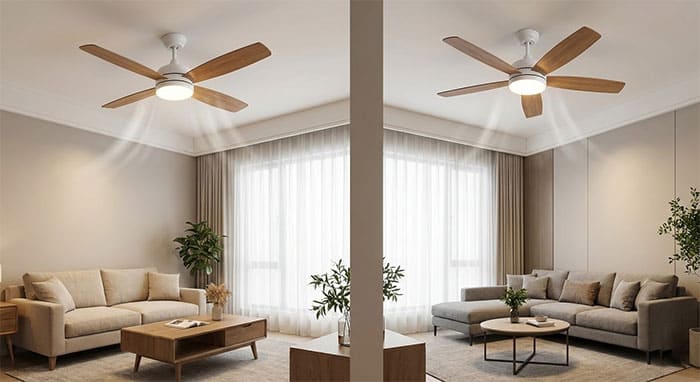 So sánh trực quan giữa quạt trần 4 cánh và quạt trần 5 cánh